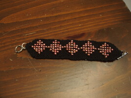 Knit Beaded Bracelet 8.5&quot; in black with coral beads - £10.16 GBP