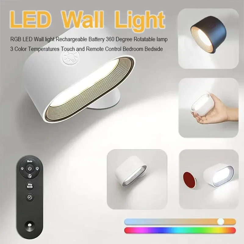 LED Wall Light Rechargeable 360° Rotatable Lamp 5 Brightness Levels RGB Night - £15.63 GBP+