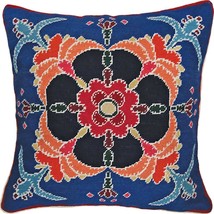 Throw Pillow Needlepoint Joyce 18x18 Yellow Red Royal Blue Background Gold - £233.53 GBP