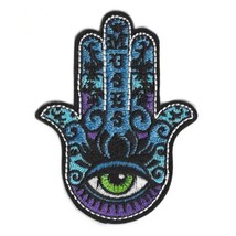 HAMSA HAND IRON ON PATCH 3.5&quot; Blue Evil Eye Protection Embroidered Appli... - $4.57 CAD