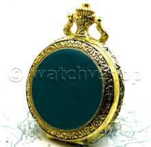 Pocket Watch Gold Color Green Enamel Cover 47 MM with Fob Chain and Box ... - £16.34 GBP