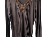 International Concepts Blouse Womens Size L  Brown Beaded Long Sleeve V ... - £10.49 GBP