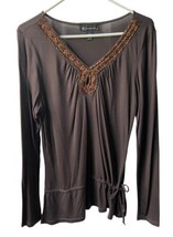 International Concepts Blouse Womens Size L  Brown Beaded Long Sleeve V Neck Top - £10.33 GBP