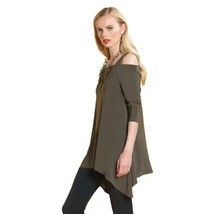 Clara Sun Woo Gray Knit Top Tunic Cold Shoulder Asymmetrical Size Med - $28.71