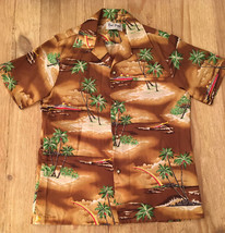 Vintage 70s Rai Nani Mens *Medium* Cruise Ship Palm Tree Hawaiian Shirt Brown - £59.15 GBP