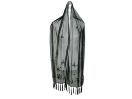 Womens Black Tulle Embroidered Floral Bead Fringe Rectangle Scarf Wrap C... - £17.72 GBP