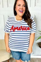 America Proud Blue Striped Embroidered Puff Sleeve Top - £22.13 GBP