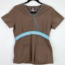 Cherokee Studio Brown Blue Trim Tie Back Scrub Top Shirt Size XS - $6.92