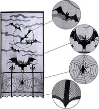 2pcs Halloween Lace Curtains Black Bat Spider Web Window Curtain Panel Decor  - £18.34 GBP