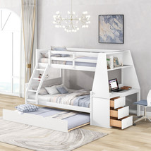 Twin over Full Bunk Bed with Trundle and Built-in Desk and Three Drawers White  - £715.07 GBP