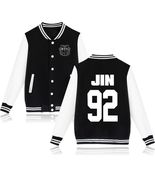 DSHARKS BTS JIN 92 Black and White Varsity Jacket with BTS Logo - €128,74 EUR+
