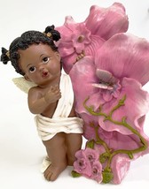 AFRICAN AMERICAN FAIRY ANGEL BABY GIRL FIGURINE WITH FLOWERS AND BUTTERF... - $45.82