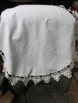 &quot;&quot;ROUND LINEN TABLE TOPPER WITH CROCHETED TRIANGLE HEM&quot;&quot; - VINTAGE - £7.88 GBP