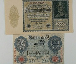 Allemagne 2-Notes 1910 Allemand Empire 20 Mark &amp; 1922 Weimar République 10000 - £39.56 GBP