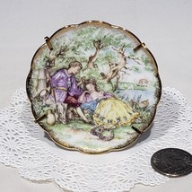 Limoges Courting Couple Miniature 3&quot; Plate W/ Stand Gold Trim France Hand Paintd - £15.69 GBP