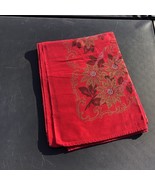 Vintage Christmas Tablecloth 47&quot; x 64&quot; red w Gold Pointsettas Cotton - £19.46 GBP