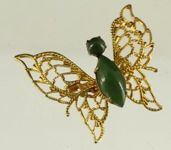 Vintage Costume Jewelry Jade Gold Tone Metal Open Wing Butterfly Brooch Pin - £13.98 GBP