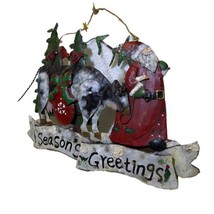 Season’s Greetings Metal Hanging 14x9 Art Sign Christmas Santa Cow Geese... - $22.95