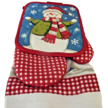 New 3 Pc Winter Snowman Kitchen Towel Oven Mitt &amp; Potholder Snow Red Gingham - £19.77 GBP