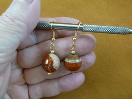 (EE-387-9) 14mm red rust tan Mookaite jasper gemstone dangle gold tone earrings - £15.49 GBP