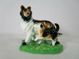 Adorable Vintage Ceramic Collie With Puppy on grass Figurine Japan - $11.87