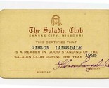 The Saladin Club Membership Card 1925 Kansas City Missouri  - $27.72