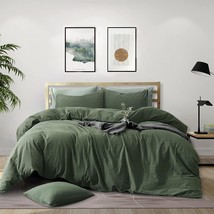 3 Pieces Green Duvet Cover Set Queen Size Army Green Comforter Cover 100% Natura - £75.75 GBP