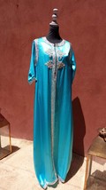Embroidered Satin silk Moroccan Kaftan dress, African Hand Beaded blue c... - $212.99