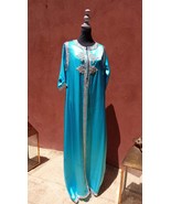 Embroidered Satin silk Moroccan Kaftan dress, African Hand Beaded blue c... - £167.54 GBP