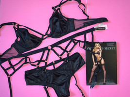 Victoria&#39;s Secret senza Righe 34C Reggiseno Set + Giarrettiera + S Panty Nero - £99.70 GBP