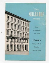 Hotel Seilerhof Hospiz Brochure with Map Zurich Switzerland 1950&#39;s - $13.86