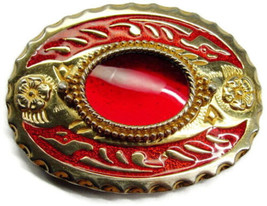 Gemstone Oval Setting With Flower Accent Gold &amp; Red Western Vintage Belt... - $49.48