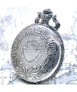 Silver Color Pocket Watch Antique Shield Design for Men with Fob Chain P207 - $20.99