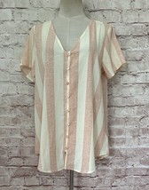 LuLaRoe Shannah S Button Up Tunic Blouse Loose Fit Beach Ball Stripe Pink Ivory - £35.17 GBP