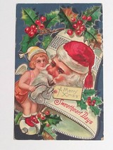 Merry Christmas Xmas Sweetheart Series Santa Holly Silver Embossed Postc... - $14.99