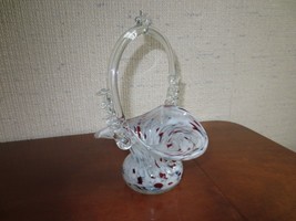 Vtg. Red &amp; White Splatter Art Glass Handled Basket - Romania - 6 3/4&quot; X 4 3/4&quot; - £12.04 GBP