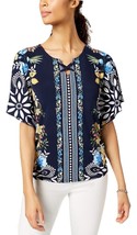 Jm Collection Floral Printed Flutter Sleeve Lace Up Keyhole Knit Blouse Nwt P/M - £9.03 GBP