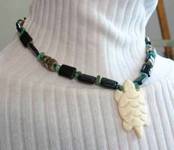 Judy Strobel Ancient Style Bovine Bone, Obsidian Turquoise Turtle Necklace       - £40.02 GBP