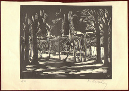 1970s Original signed woodcut Károly Andruskó Landscape Wire Fence - £53.29 GBP