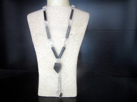 Tassel Necklace Deco Revival Faceted Clear Ice Lucite &amp; Jet Black Beads ... - $8.00