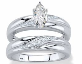 Marquise Cut Cz Accent Bridal 2 Ring Set Platinum Sterling Silver 6 7 8 9 10 - £234.31 GBP