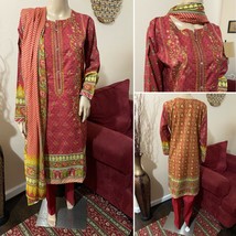 Pakistani Light Red Printed Straight Shirt 3-PC Lawn Suit w/ Threadwork,... - £52.89 GBP