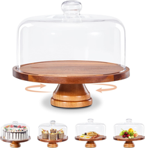 Yangbaga Glass Cake Stand with Lid,11In Wooden Rotating Cake Stand with Dome Cov - £45.31 GBP