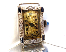Art Deco 18k White Gold Ladies Watch Sapphire Diamond 17 Jewels Sessmer Swiss  - £353.87 GBP