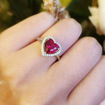 925 Silver 2CT Heart Cut Lab Created Red Ruby Women&#39;s Halo Ring 14K Gold Plated - £79.11 GBP