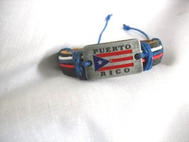 BLACK LEATHER PUERTO RICO METAL FLAG w TEXT &amp; RED WHITE &amp; BLUE CORD ADJ ... - $91.86 MXN