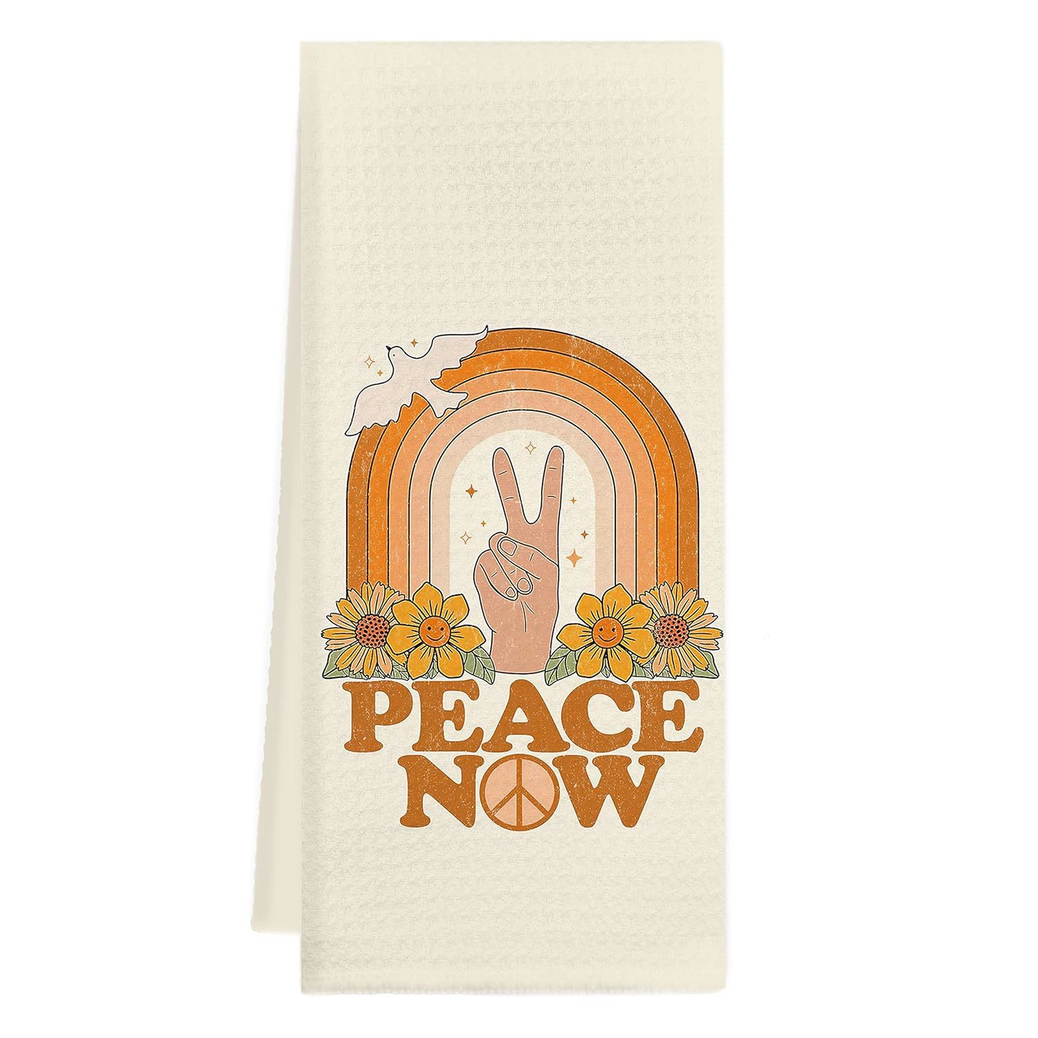 Peace Now Retro 70S 60S Hippie Floral Wreath Peace Sign Bathroom Towels Kitchen