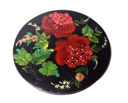 Handpainted Wooden Slab Floral Wall Hanging Decor Vintage Black Red Ethnic - $28.49