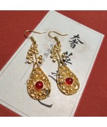 Retro Metal Golden Chinese Traditional Pipa Shape Earrings with Red Gem ... - $18.37