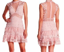 $240 Romeo Juliet Couture Crochet Mesh + Dotted Dress Large 10 Pink Illusion NWT - £93.50 GBP